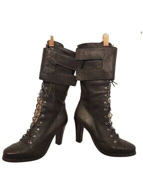 Gibellieri Black Leather / Zip Lace Up Mid-Calf 4 Inch Heel Boots 40.5 / US 10
